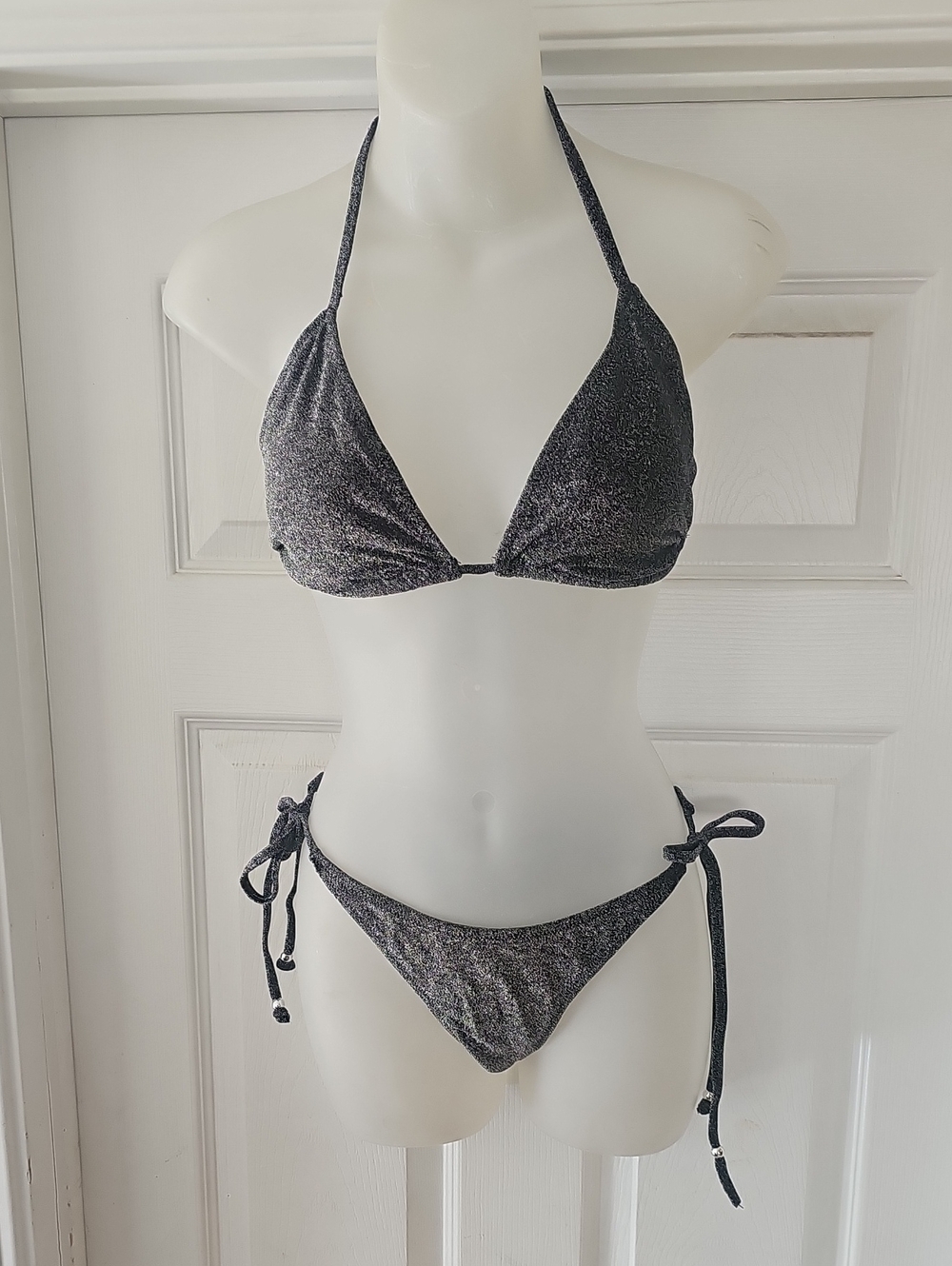 Black/Silver Metallic Tie-Side Triangle Bikini - Women Swim